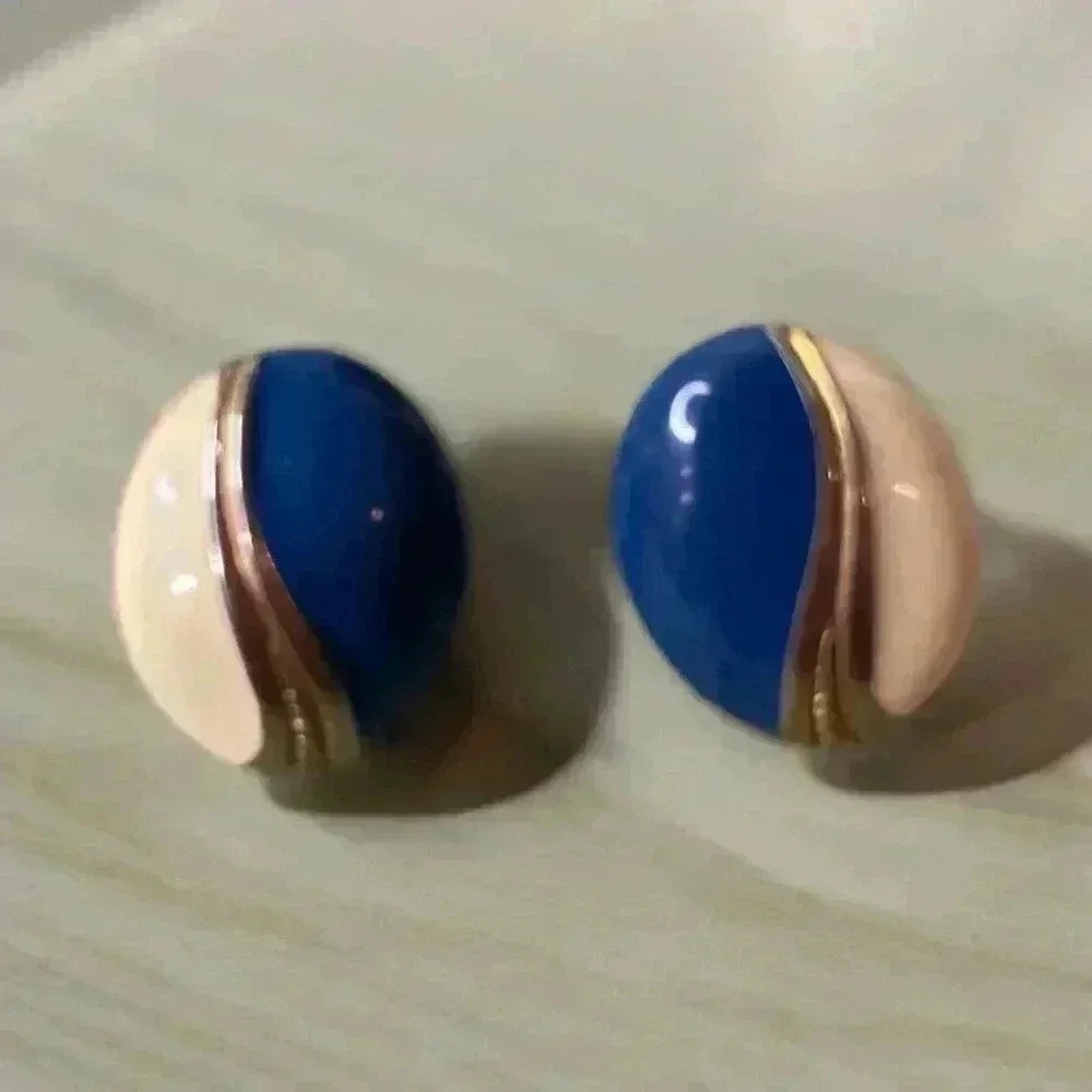 Vintage Gold Plated Blue and Cream Earrings Posts